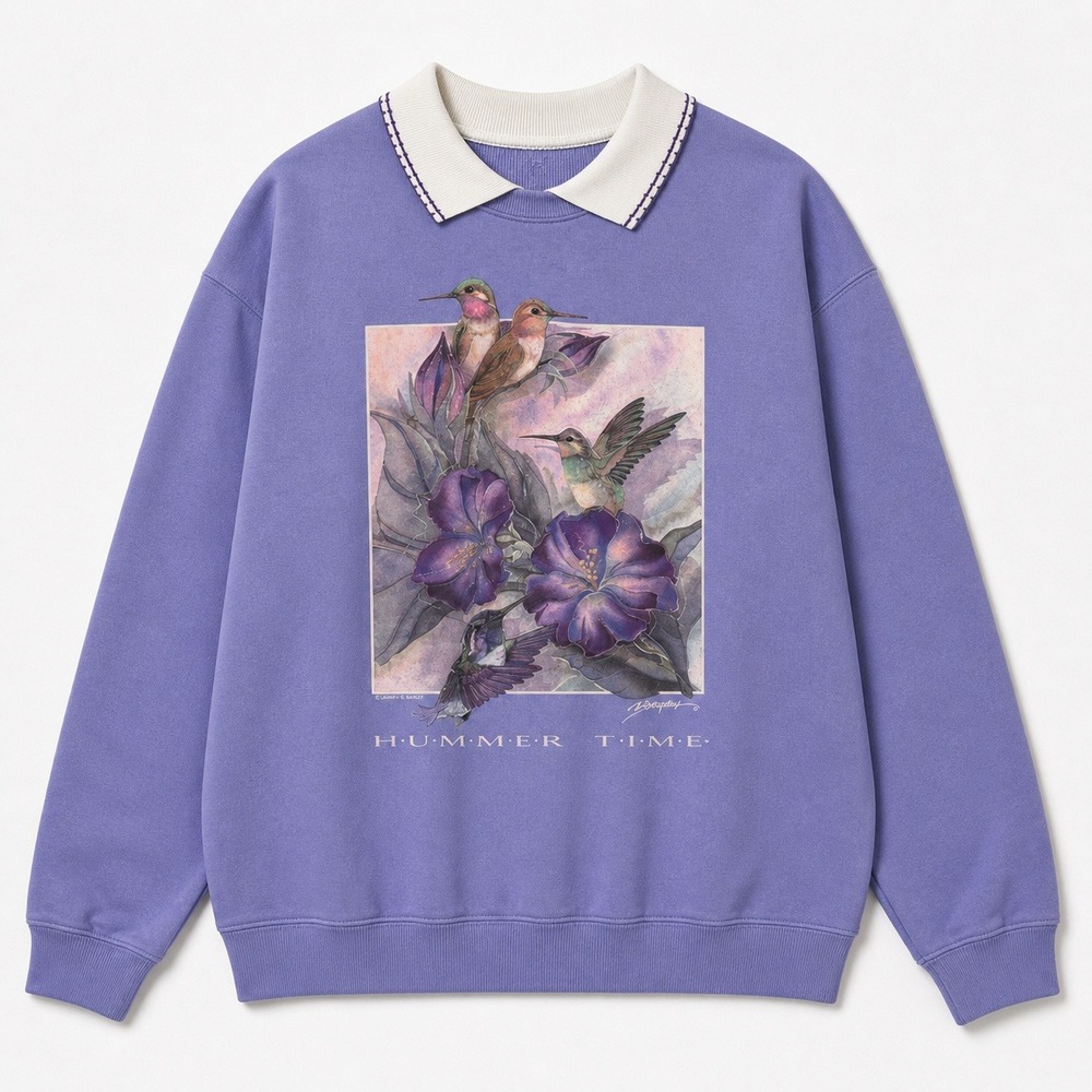 Vtg HummerTime Hummingbird Graphic Sweatshirt Purple Double Collar XL Grannycore